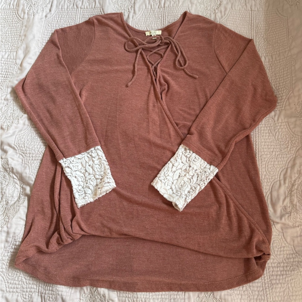 Kori America Women's Tunic with Lace Cuffs in Burnt Orange